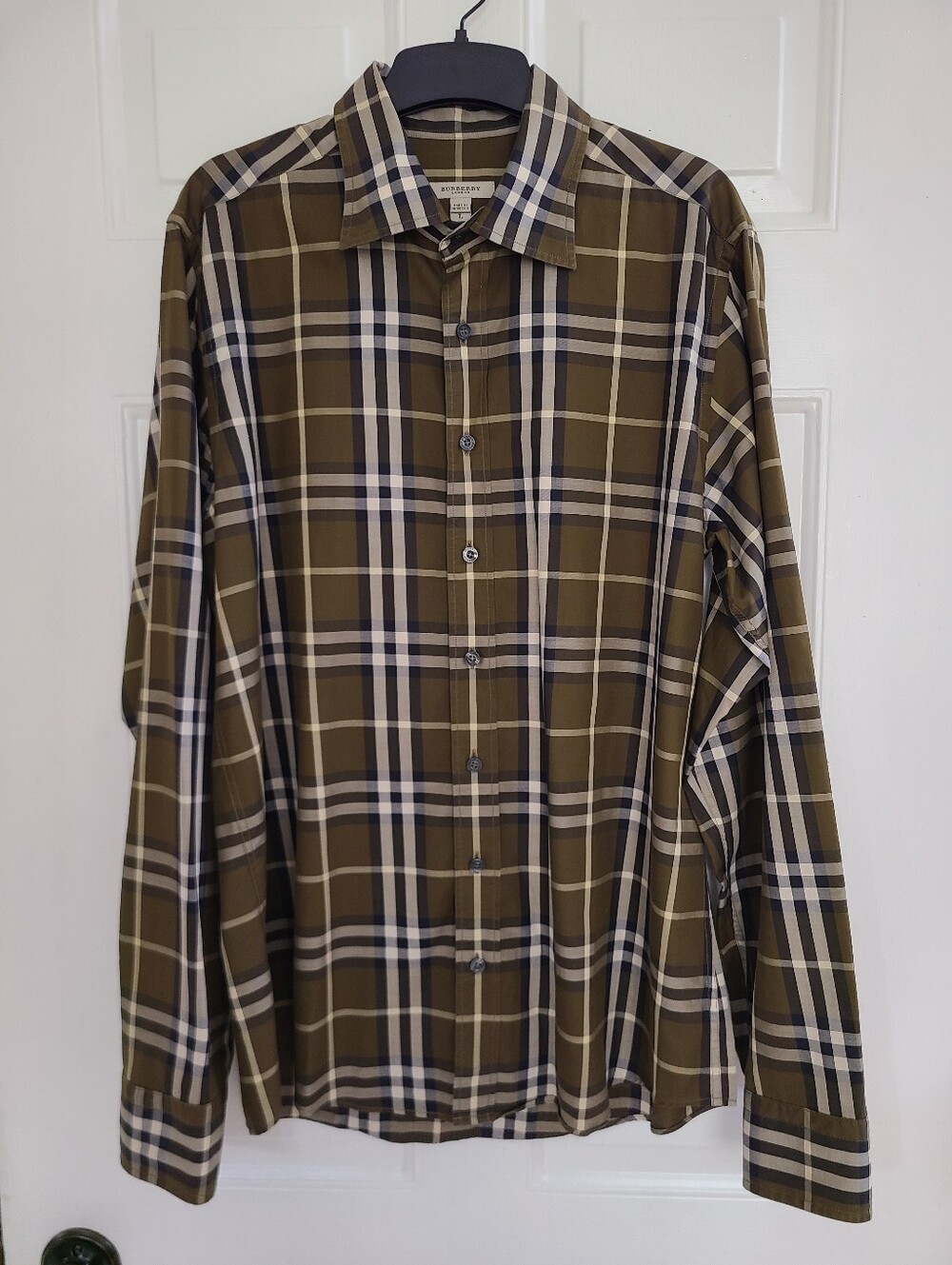 Burberry Men's Plaid Check Button Down Shirt Size L Olive Green Brown
